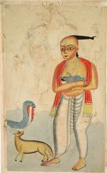 Vasudeva, il padre di Krishna, fugge con Krishna e incontra un cobra e uno sciacallo, 1800