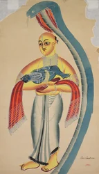 Vasudeva, padre di Krishna, fugge con il neonato Krishna e incontra un cobra