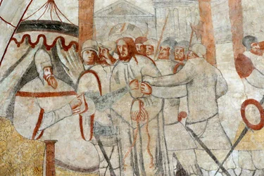 Chiesa di Vault de Lugny. Affresco del XVI secolo. Cristo nella sua passione. Cristo davanti a Pilato. Francia