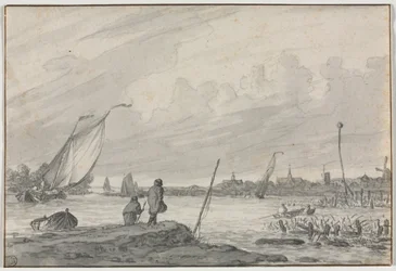 Veduta di Alkmaar con barche, 1600s