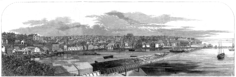 Veduta della città di Auckland, Nuova Zelanda, con il nuovo lungomare commerciale, 1860