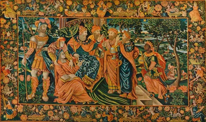 Visita dei Magi a Erode: Pannello Petit-Point elisabettiano, c16° secolo