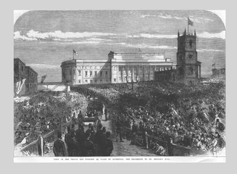 Visita del Principe e della Principessa del Galles a Liverpool. La processione verso St. Georges Hall, 1865