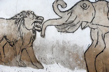 Pittura murale voodoo al mercato feticista di Akodessewa, noto come il più grande mercato voodoo del mondo. Elefante e leone. Lomé, Togo