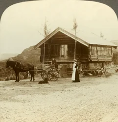 In attesa dei passeggeri sulla strada vicino a Bolkesjo, Norvegia, c1905