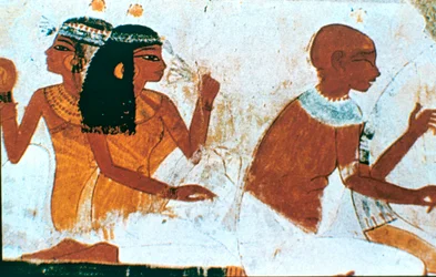 Pittura murale, dettaglio della coppia defunta, tomba di Nakht, Tebe