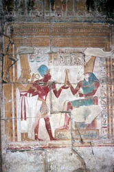Affresco di Sethos I davanti a Horus, Tempio di Sethos I, Abydos, Egitto, XIX dinastia, c. 1280 a.C.
