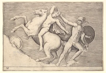 Guerriero che tira un cavaliere dal suo cavallo, da Ex Antiquis Camorum et Ge..., pubblicato ca. 1599-1622