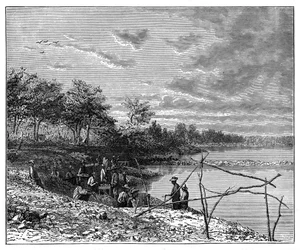 Lavaggio della sabbia per i diamanti sulle rive del fiume Vaal, Sudafrica, c1890
