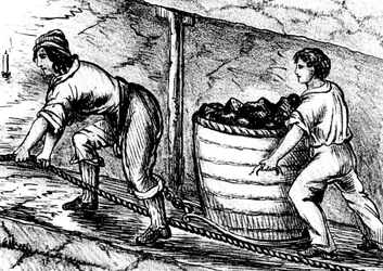 Donna e un ragazzo che lavorano in una miniera di carbone, Bolton, Lancashire, 1848