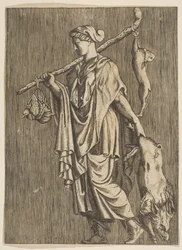 Donna che torna da una caccia portando un cinghiale nella mano sinistra e un bastone nella r..., ca. 1515-1600