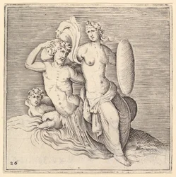 Donna con scudo seduta su mostro marino