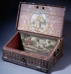Scatola di legno per contanti o scrittura con ritratto del figlio di Pietro il Grande, ca. 1695
