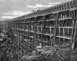 Ponte a cavalletto in legno sulla Union Pacific Railroad, Dale Creek, Wyoming, USA, 1869