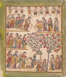 Yashoda lega le mani di Krishna: Pagina da un manoscritto disperso del Bhagavata Purana, 1640-50