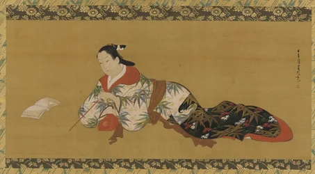 Yujo sdraiata e che legge uno spartito musicale, Periodo Edo, 1615-1868