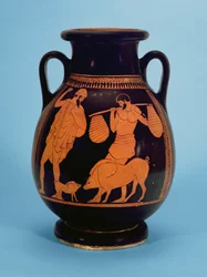 Pelike attica a figure rosse: maiali, porcaro e Ulisse, del Pittore dei Maiali, 470-60 a.C.