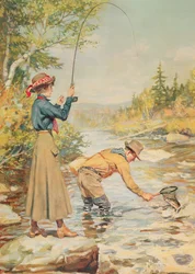 Coppia che pesca su un fiume