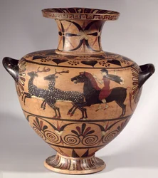 Hydria, scena di caccia, greco arcaico, periodo etrusco-ionico a figure nere, c.540-530 a.C.