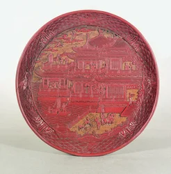 Piatto laccato, scolpito, raffigurante il Padiglione delle Orchidee del Principe Tang, 1489