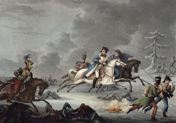 La fuga di Bonaparte dalla battaglia di Krasnoi di William Heath, pubblicata il 1 aprile 1815