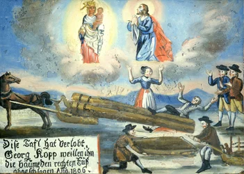 Immagine votiva del 1806, infortunio, lavorazione del legno, Museo del Pellegrinaggio di Neukirchen beim Hl. Blut, Cham, Oberpfalz, Alta Baviera, Germania