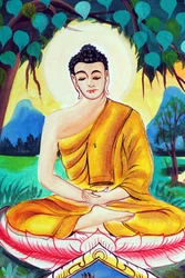 20151029, Vientiane, Laos: Tempio buddista Wat Inpeng. Dipinto che raffigura la storia della vita di Shakyamuni Buddha. Buddha seduto in posizione di meditazione