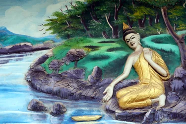 20151029, Vientiane, Laos: Tempio buddista Wat Inpeng. Dipinto che raffigura la storia della vita di Shakyamuni Buddha. Bagno nel fiume
