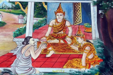 Wat Inpeng, tempio buddista. I Racconti Jataka sono narrazioni sulle vite precedenti del Buddha (cioè, prima che nascesse per l