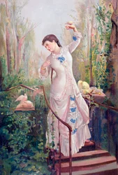 Una donna del XIX secolo in un giardino con tortore, dopo il dipinto La Tórtola Madre, di Ramon Marti y Alsina, da 