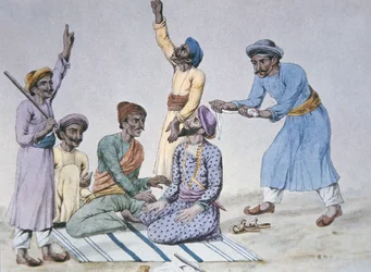 Un Gruppo di Thugs che si Preparano a Strangolare una Vittima (litografia a colori)