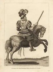 Un Yeoman della Guardia che assiste la regina Elisabetta I durante un viaggio