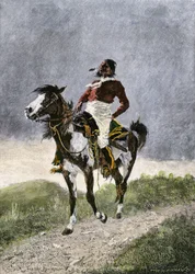 Un coraggioso Comanche, in viaggio a cavallo nelle praterie meridionali (Texas, Oklahoma, USA), circa 1800. Litografia