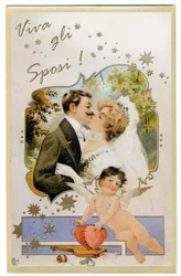 Una coppia di sposi che si baciano. Cartolina circa 1901