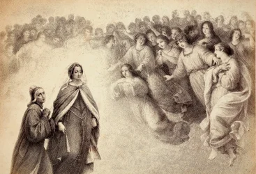 Uno stormo di ombre si avvicina a Dante e Beatrice. Illustrazione del Canto V del Paradiso della Divina Commedia di Dante Alighieri. Opera di Francesco Scaramuzza dedicata al Comune di Firenze.