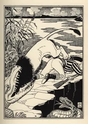 Un leone che voleva attaccare il Barone di Munchausen finì con un coccodrillo. Illustrazione di William Strang e JB Clark da Le avventure del Barone di Munchausen di Rudolf Erich Raspe