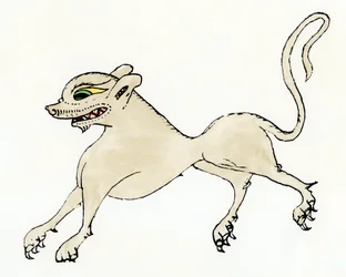 Un lupo mannaro, nel Medioevo - Incisione colorata dopo un bestiario del XIII secolo, Historia Scolastica di Pierre il Mangiatore (o Petrus Comestor o Manducator, ca. 1110-1179) - Rappresentazione medievale di un lupo mannaro - Incisione a mano colorata da