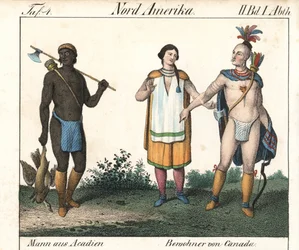 Uomo acadiano con corpo tatuato e una coppia di indiani nativi canadesi. Litografia per il libro: “Galerie complete en tableaux fideles des peuples d