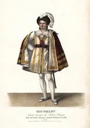 Attore Pierre Marie Nicolas Michelot come il Conte Almaviva in Il barbiere di Siviglia di Pierre Beaumarchais, Théâtre Français