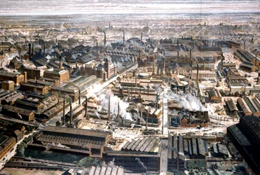 Veduta aerea della fabbrica Krupp a Essen, c. 1920 (incisione)