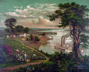 Afroamericani che raccolgono cotone in una piantagione vicino al Mississippi, c.1883. Casa della piantagione a sinistra, capanne dei lavoratori a destra. Molo per caricare balle di cotone, al centro. Paesaggio agricolo con battello a vapore, USA