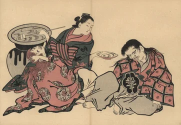 Una cortigiana oiran che gioca con due shojo con sake da un enorme vaso. Stampa xilografica di Masanobu Okumura (1686-1764) da Fuzoku Emakimono, Picture Scroll of the Water Trade, Tokyo, ristampa circa 1880.