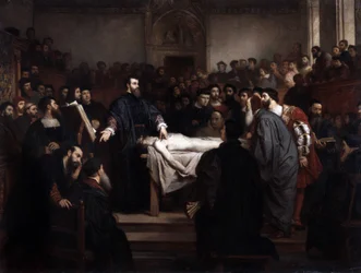 Lezione di anatomia. André Vésale (1514-1564), anatomista fiammingo (Andrea Vesalius o Andries Van Wesel) a Padova, Italia