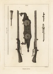 Antico carabina con due cariche nello stesso cannone sparate da due pietre focaie, pietre focaie, bacchetta e chiavi