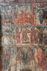 Antichi affreschi; dipinti murali che raffigurano la vita di Gesù; Chiesa di Panagia e Sotiras; chiesa ortodossa greca; Roustika; Creta; Grecia; Europa
