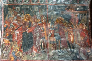Antichi affreschi; dipinti murali; bacio di Giuda; crocifissione di Gesù; chiesa di Panagia e Sotiras; chiesa greco-ortodossa; Roustika; Creta; Grecia; Europa