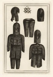 Antiche armature di maglia con cappucci, fascia di lino grezzo ai pantaloni