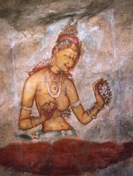 Apsaras, ninfa celeste che offre fiori, affresco, cittadella fortificata di Sigiriya (Lista del Patrimonio Mondiale UNESCO)