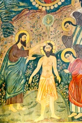 Chiesa Apostolica Armena; murale; Battesimo di Gesù Cristo da parte di Giovanni Battista nel Giordano; Chiesa di Betlemme o Chiesa di Bedkhem; distretto di Julfa o Jolfa; Isfahan; Iran; Asia