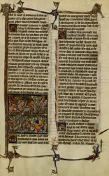 Leggenda arturiana (ricerca del Santo Graal): Benoic insegue i Sassoni e la battaglia di Danablaise, due miniature estratte dal manoscritto Storia di Merlino, datato tra il 1280-1290